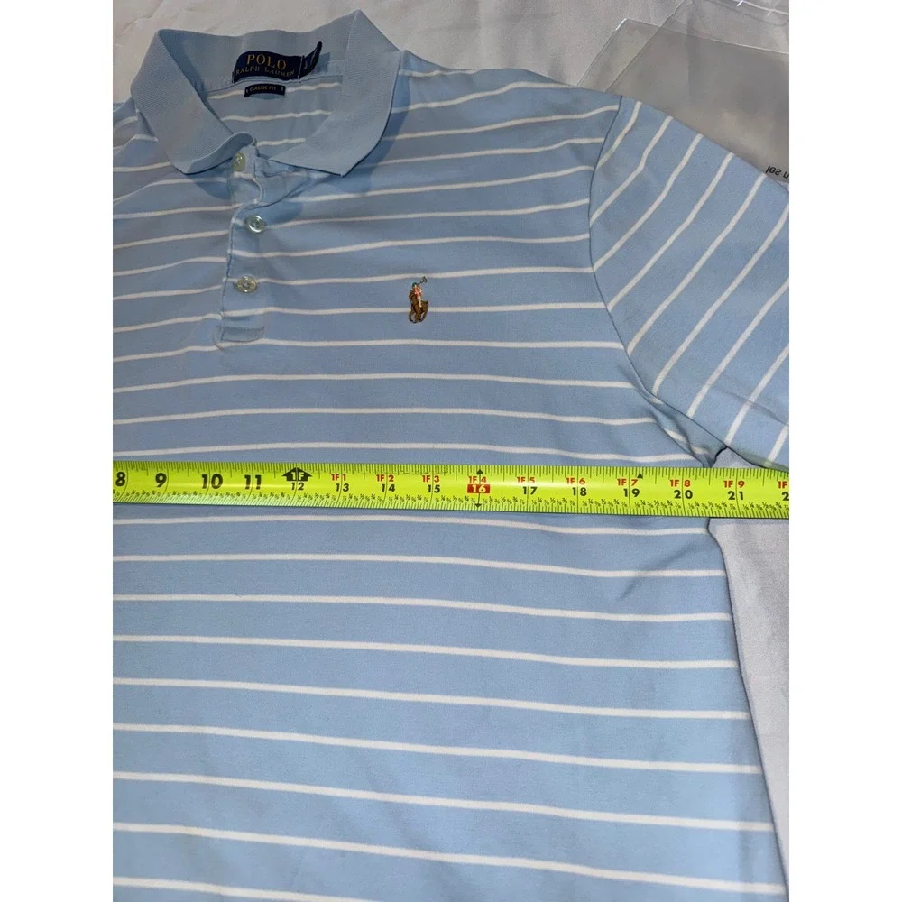 Polo Ralph Lauren Mens Large Classic Fit Light Blue White Striped Polo Shirt